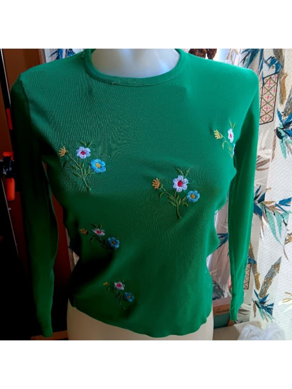 Floral Embroidered True Vintage Medium Green Hippy Top Long Sleeve Stretch 70s